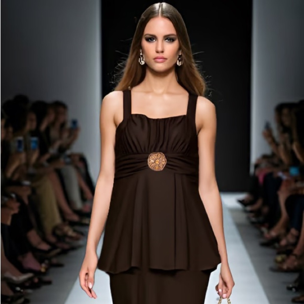 Enfocus Studio Chocolate Brown flared ruffle dress w large gold beaded button 6